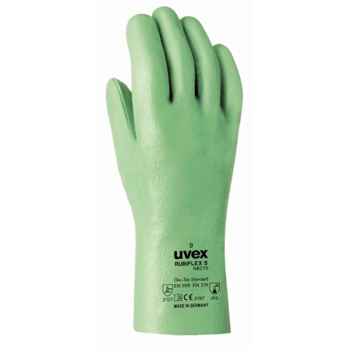 uvex Chemikalienschutzhandschuhe rubiflex S grün mit NBR-Spezial Beschichtung, schadstofffrei, Beständig gegen Fette, Chemikalien, Säuren, Laugen, Mineralöle und Lösemittel