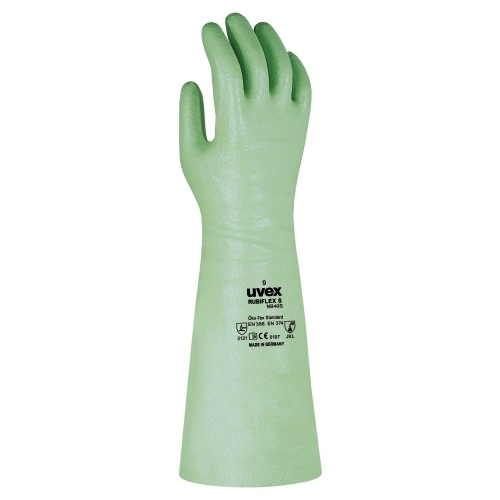 uvex Chemikalienschutzhandschuhe rubiflex S grün mit NBR-Spezial Beschichtung, schadstofffrei, Beständig gegen Fette, Chemikalien, Säuren, Laugen, Mineralöle und Lösemittel – Bild 2