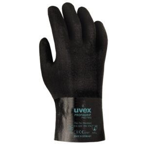 uvex Chemikalienschutzhandschuhe profagrip schwarz vollbeschichtet mit HPV, resistent gegen Mineralöle, Fette, Säuren und Laugen, hohe Kälteflexibilität