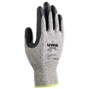 uvex Schnittschutzhandschuhe unidur 6643 grau meliert/schwarz mit NBR Beschichtung und HPPE Faser für feuchte, ölige oder fettige Einsatzbereiche, flexibel