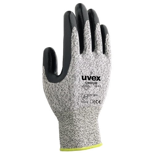 uvex Schnittschutzhandschuhe unidur 6643 grau meliert/schwarz mit NBR Beschichtung und HPPE Faser für feuchte, ölige oder fettige Einsatzbereiche, flexibel